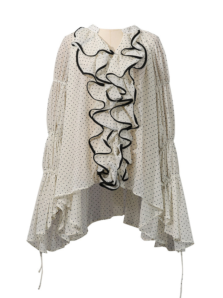 ruffled sheer polka dot blouse with contrast trim – ELARA