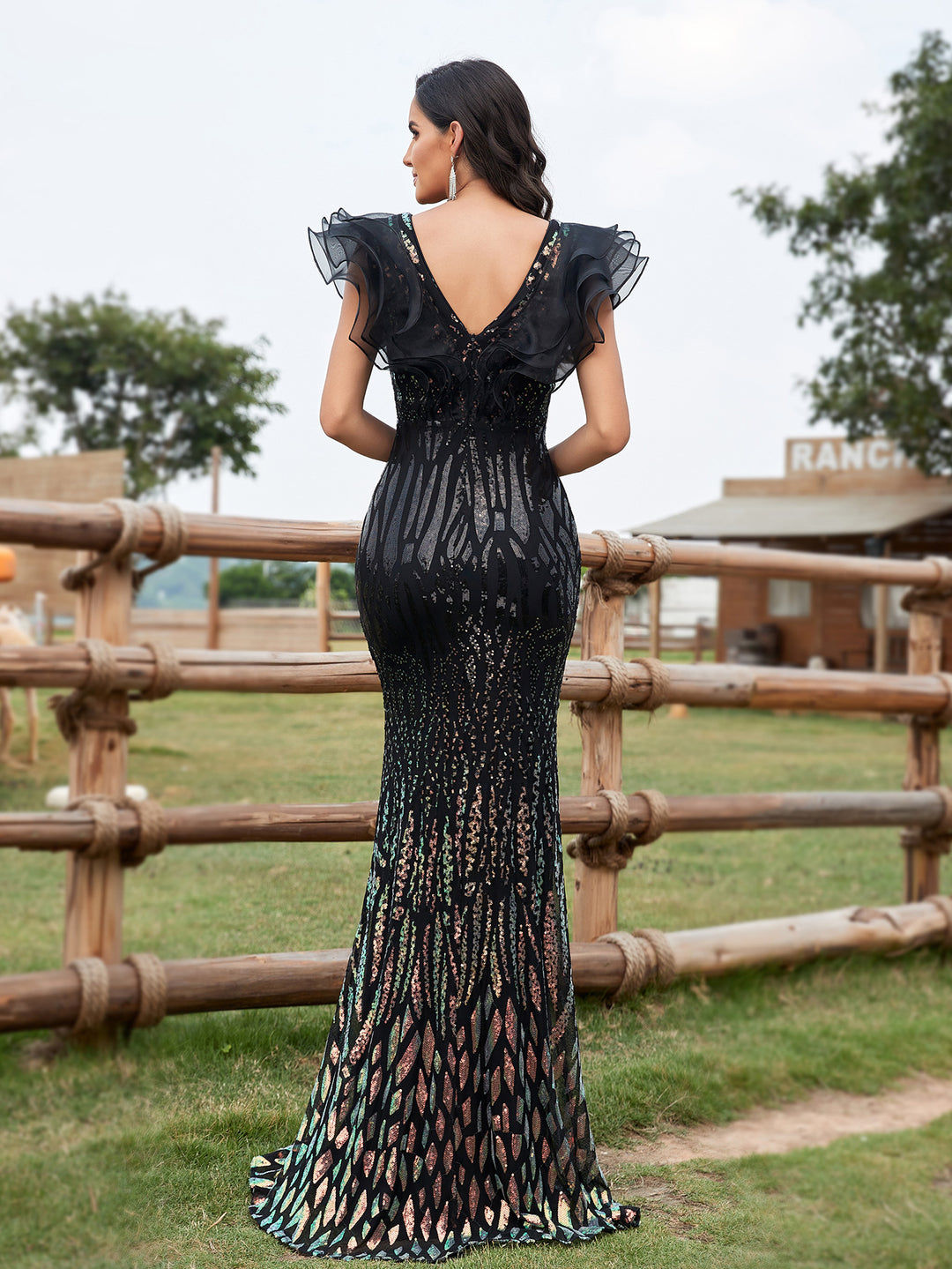 Geplooide top met uitlopende mouwen en maxi-rok set met tailleband – Rosiny 