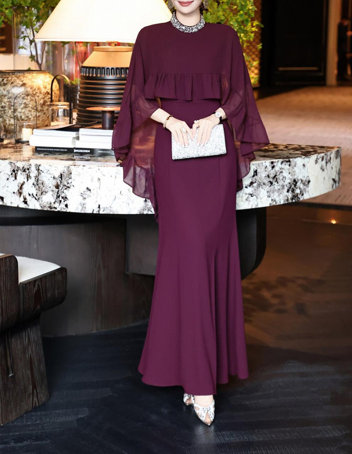 black cape-overlay gown with ruffled chiffon tier – ELIORA