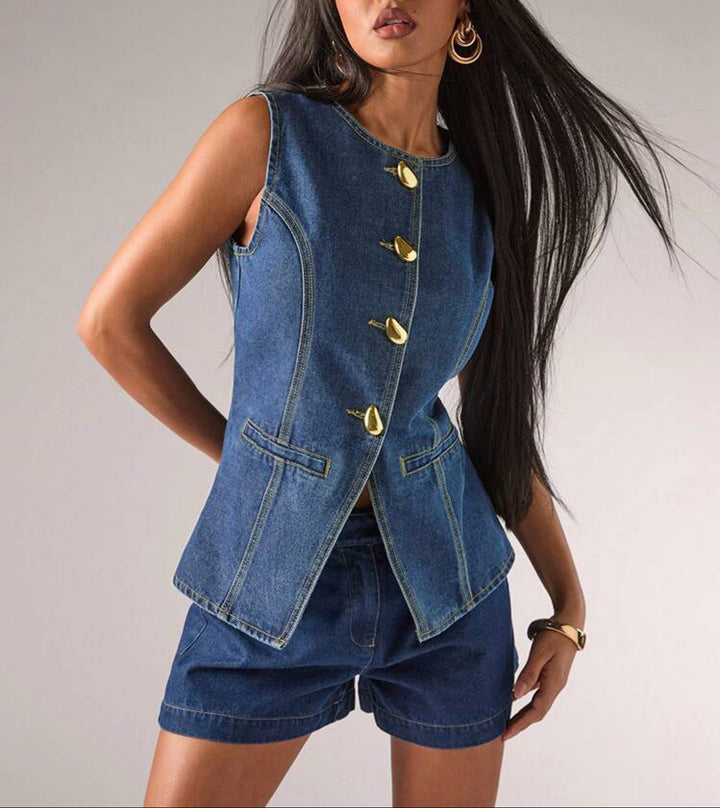 sleeveless denim top with gold statement buttons – NOLA