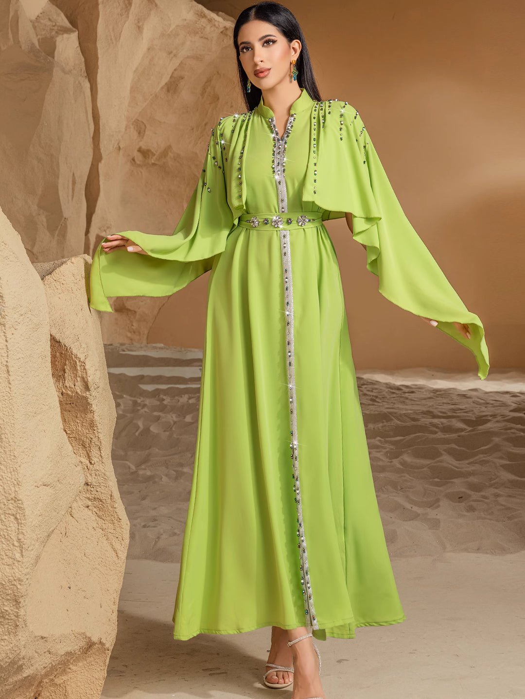 embellished flare-sleeve maxi dress with cape overlay - AMARA