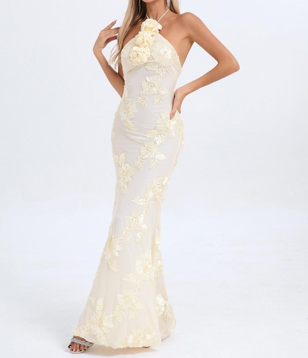 Halter-Neck Floral Lace Evening Gown – IVORY