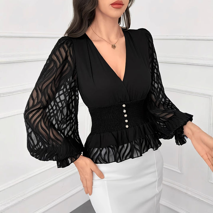 V-neck blouse with sheer textured sleeves – NOIRIA