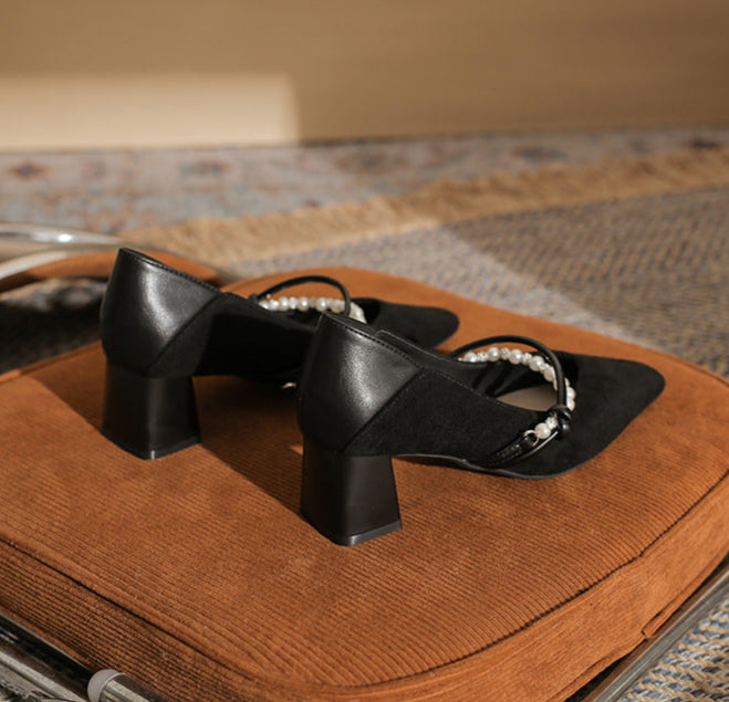 block heel pumps with pearl strap detail – NERINANDA