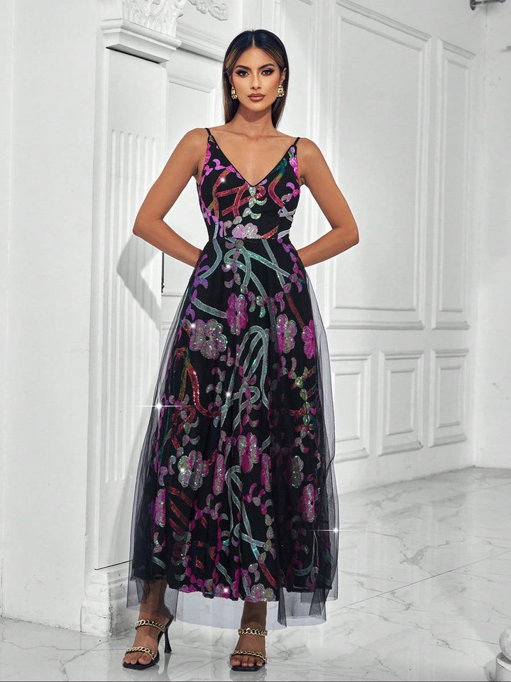 sleeveless tulle gown with multicolor sequin florals – AURONDA