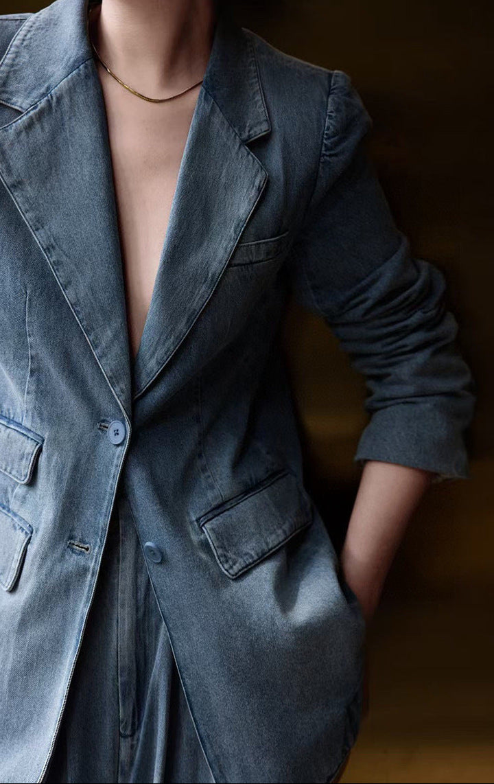 vintage denim blazer with wide-leg trousers – LEXA