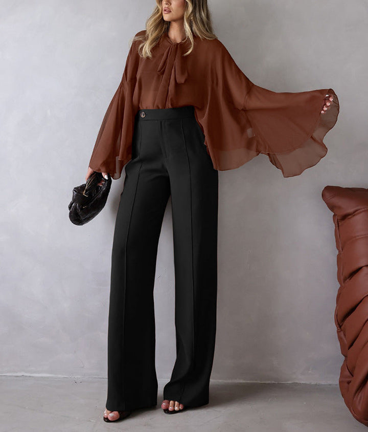 chiffon cape-sleeve blouse with tie neckline – MARVELA