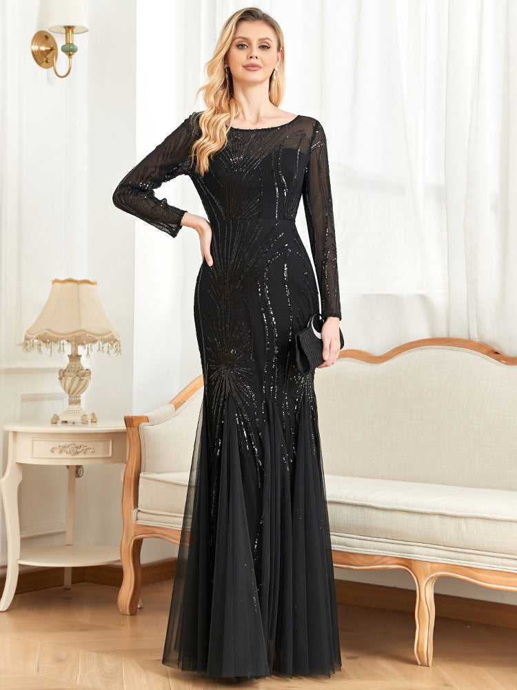 فستان شبكي بأكمام طويلة ومزين بالترتر – أدريانا