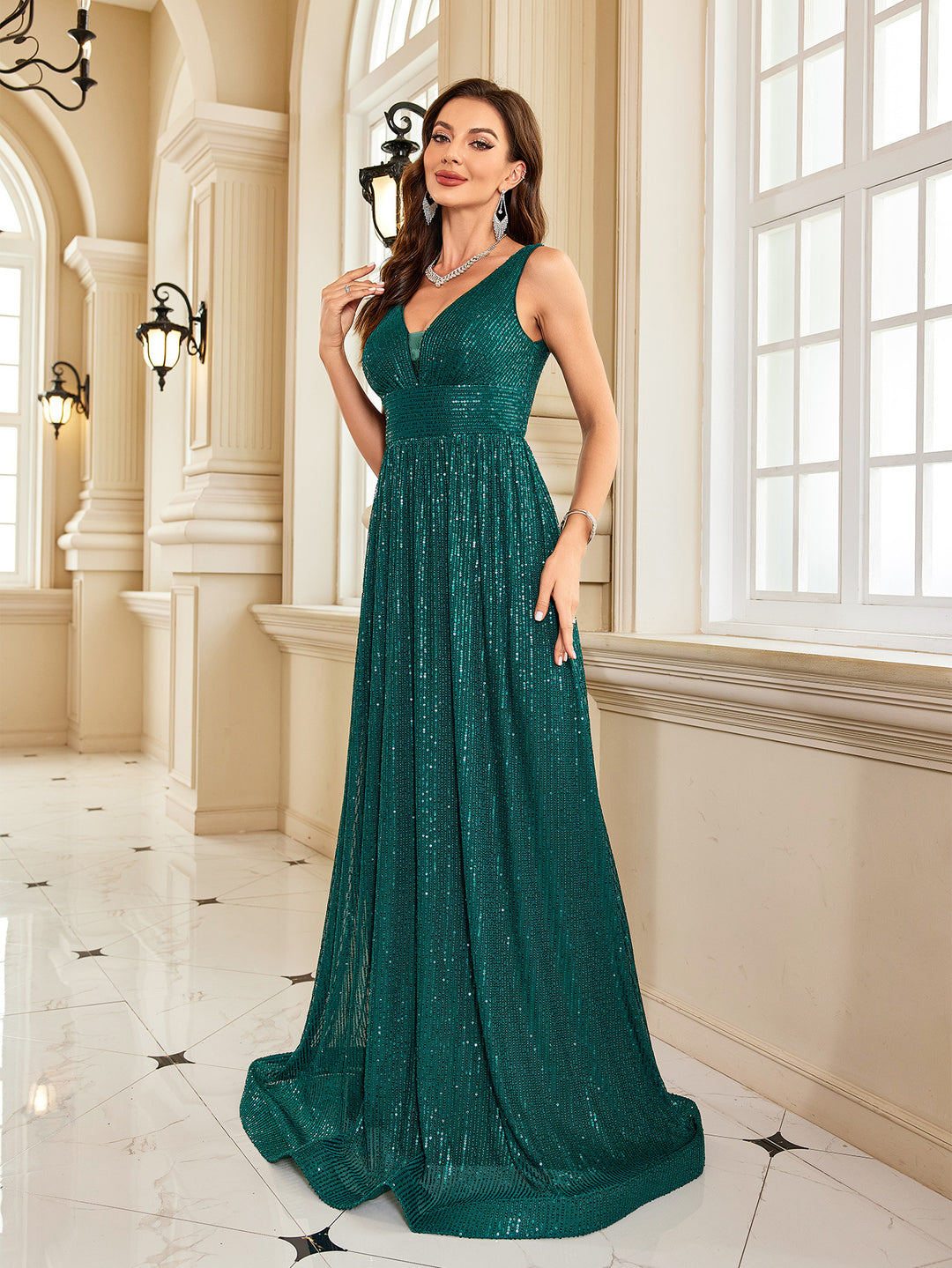 sleeveless glitter gown with pleated waist – EMEURA