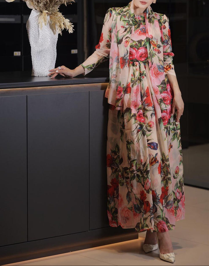 long-sleeve floral chiffon gown with pleated skirt – AMORA