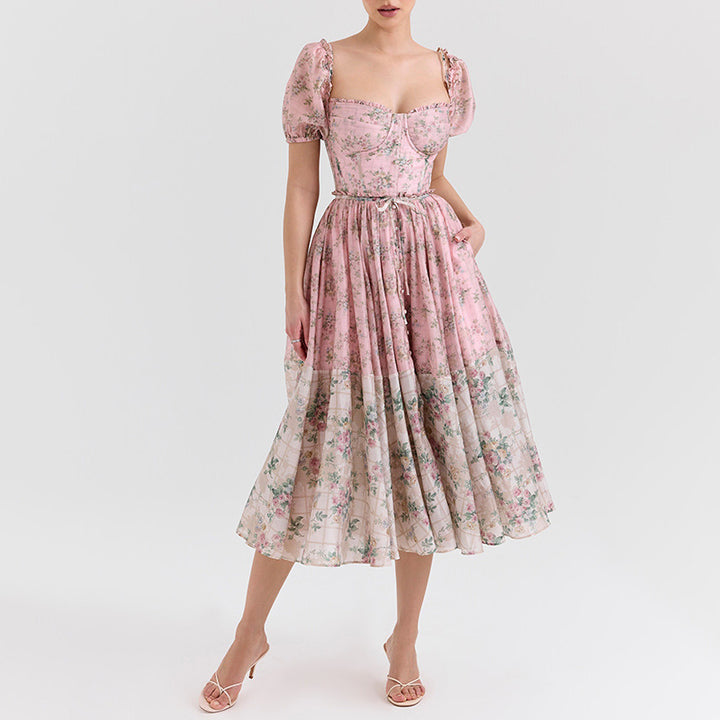 puff-sleeve corset dress with layered floral skirt – AKIALZU