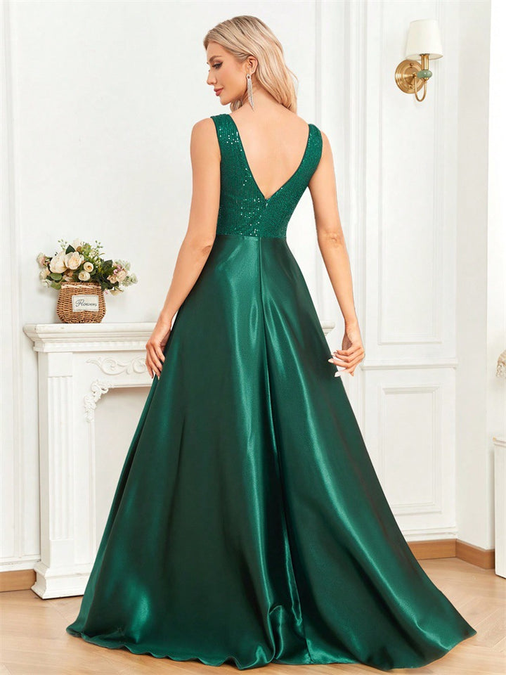 sleeveless satin gown with sequin bodice – VERENA