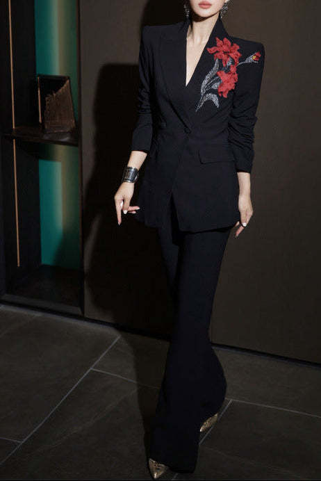 black tailored blazer with floral bead appliqué – AURA