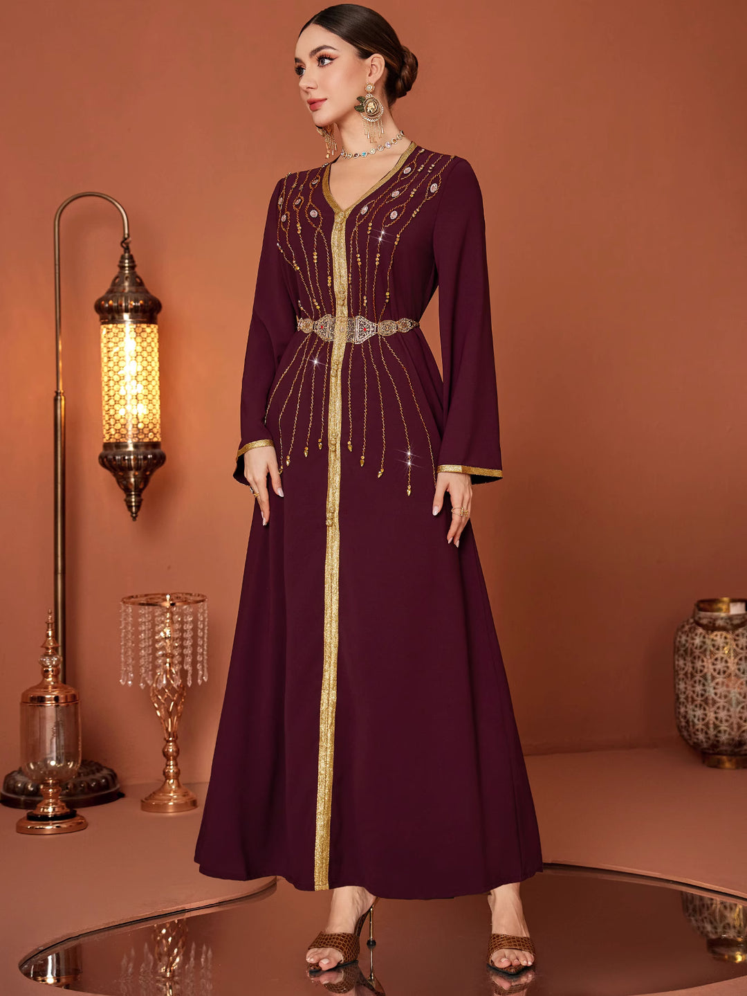 long sleeve kaftan dress with gold embroidered belt - AMAROKA