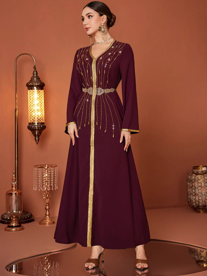 long sleeve kaftan dress with gold embroidered belt - AMAROKA