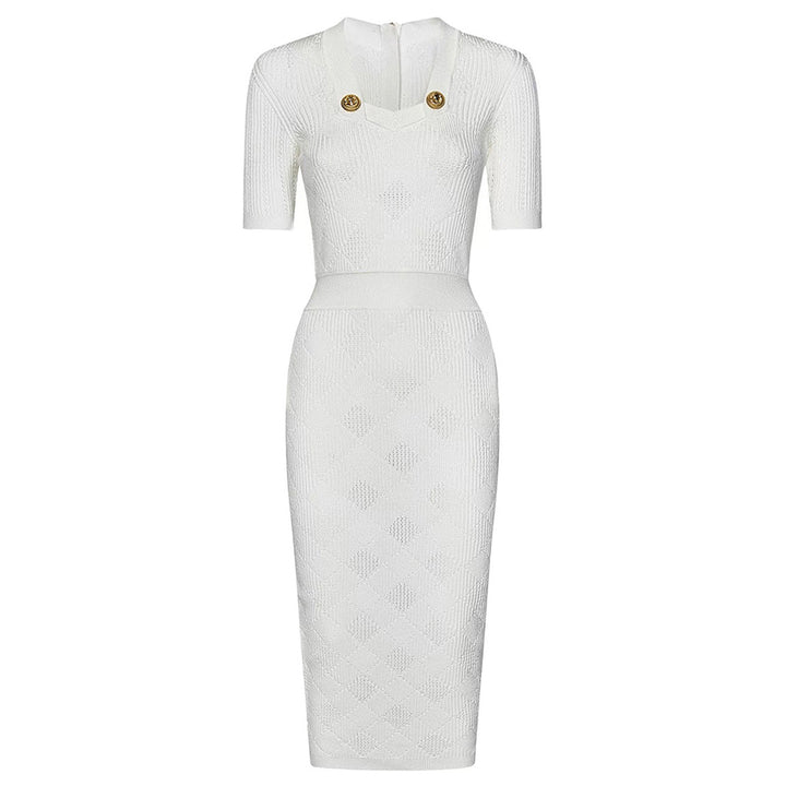 فستان متوسط ​​الطول محبوك بأكمام قصيرة وأزرار ذهبية – أورارلي