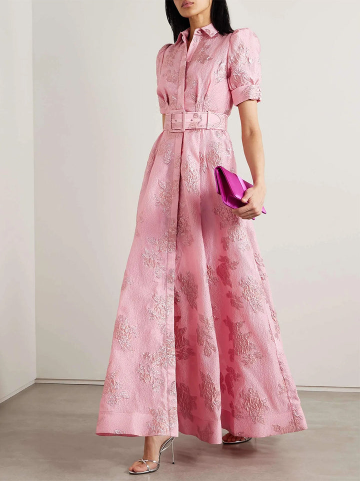 puff-sleeve jacquard dress with belted waist – ROSABELLEN