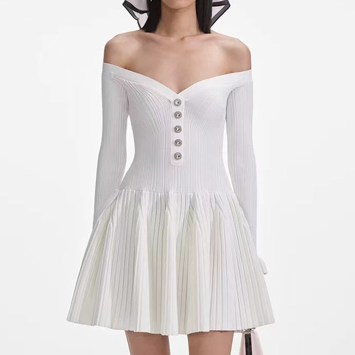 off-shoulder pleated mini dress with button detail – ELARANZI
