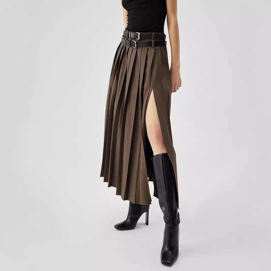 pleated high-slit midi skirt with belt detail – URBAN