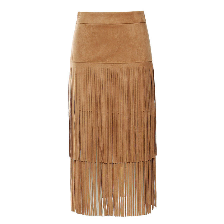 suede midi skirt with layered fringe – PAVALA