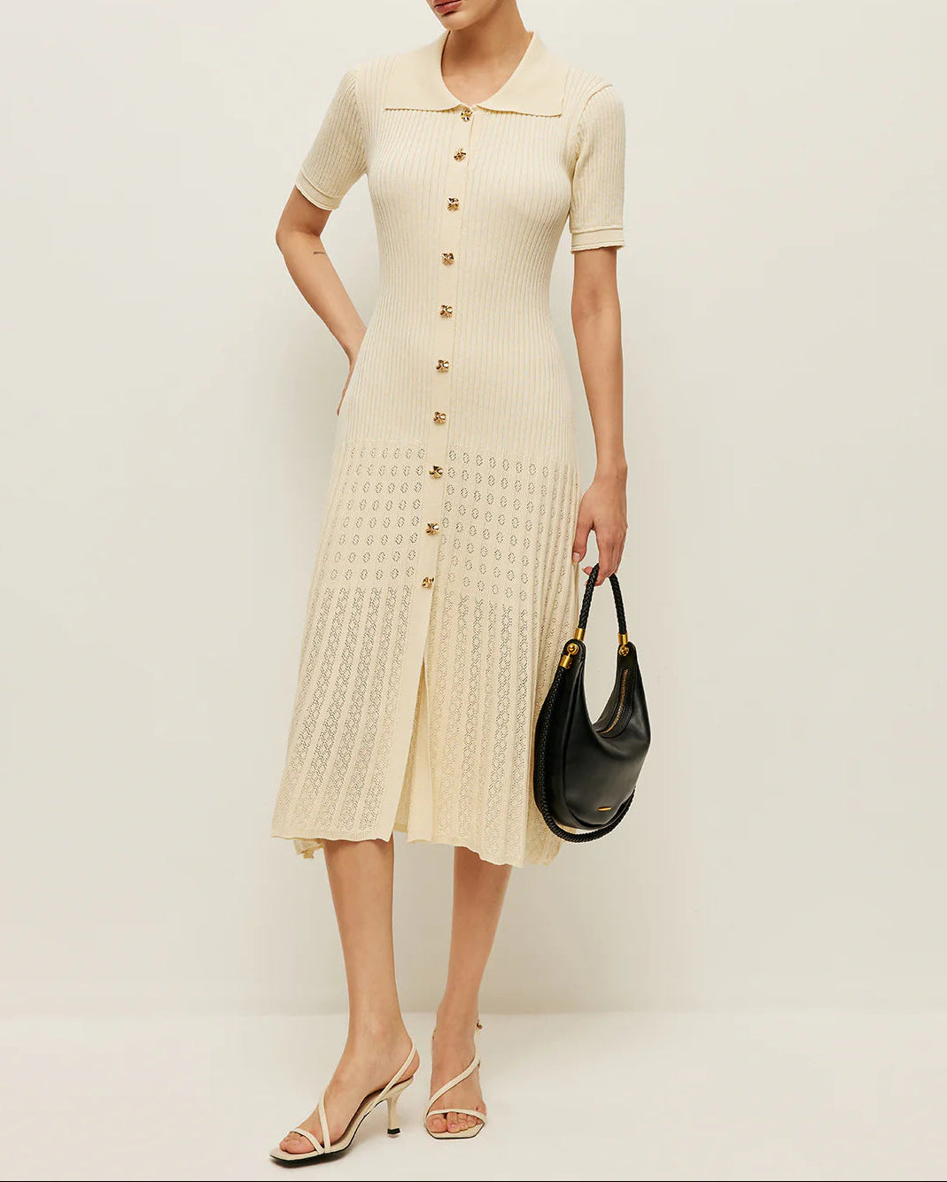 فستان ماكسي محبوك مضلع مع تفاصيل أزرار ذهبية - كيلينيت