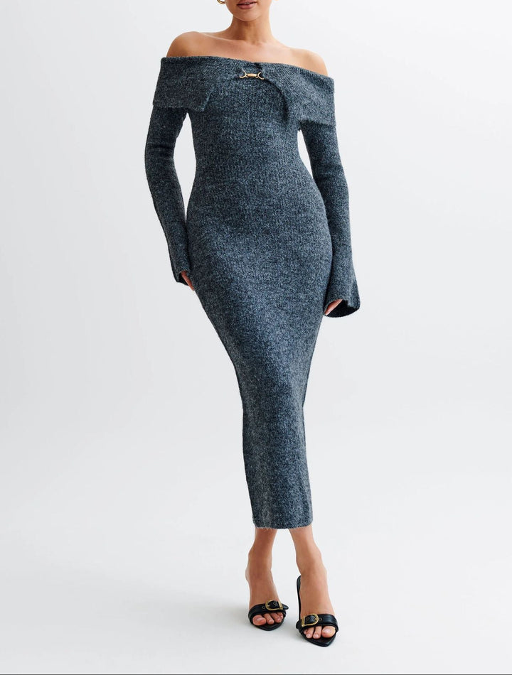 off-shoulder knit bodycon dress with front clasp – MAELLE