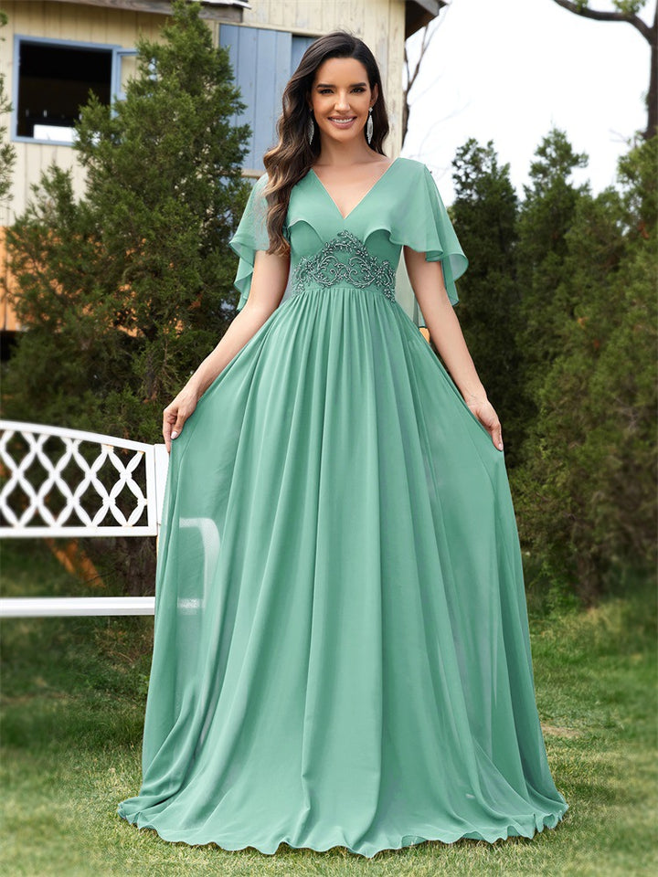chiffon gown with flutter sleeves and lace waist – ELOISERU