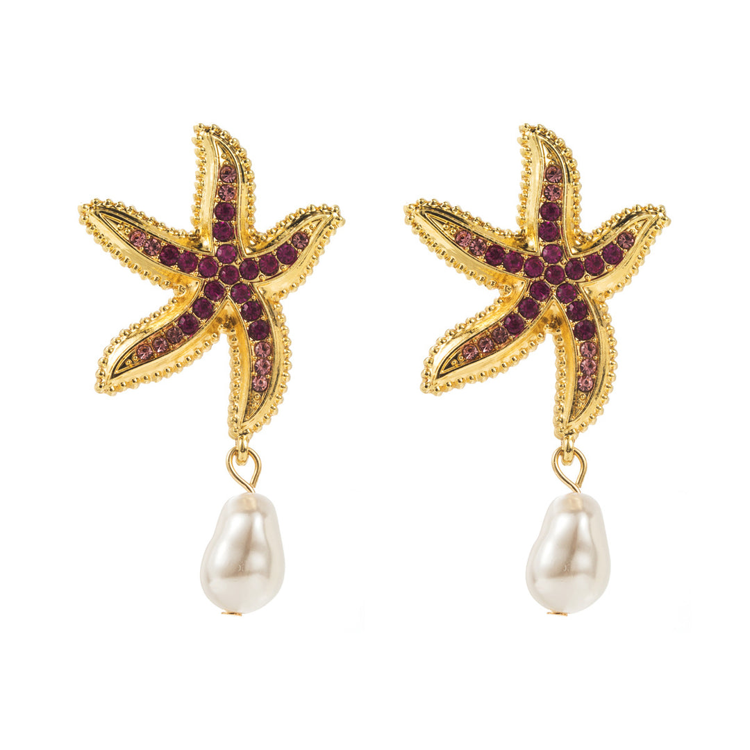 crystal starfish earrings with drop pearl charm - CORALIADU