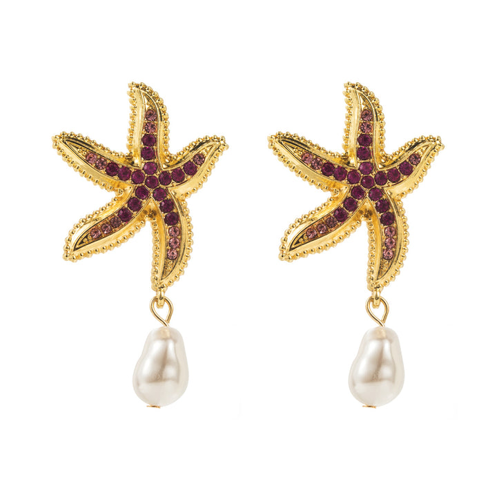 crystal starfish earrings with drop pearl charm - CORALIADU