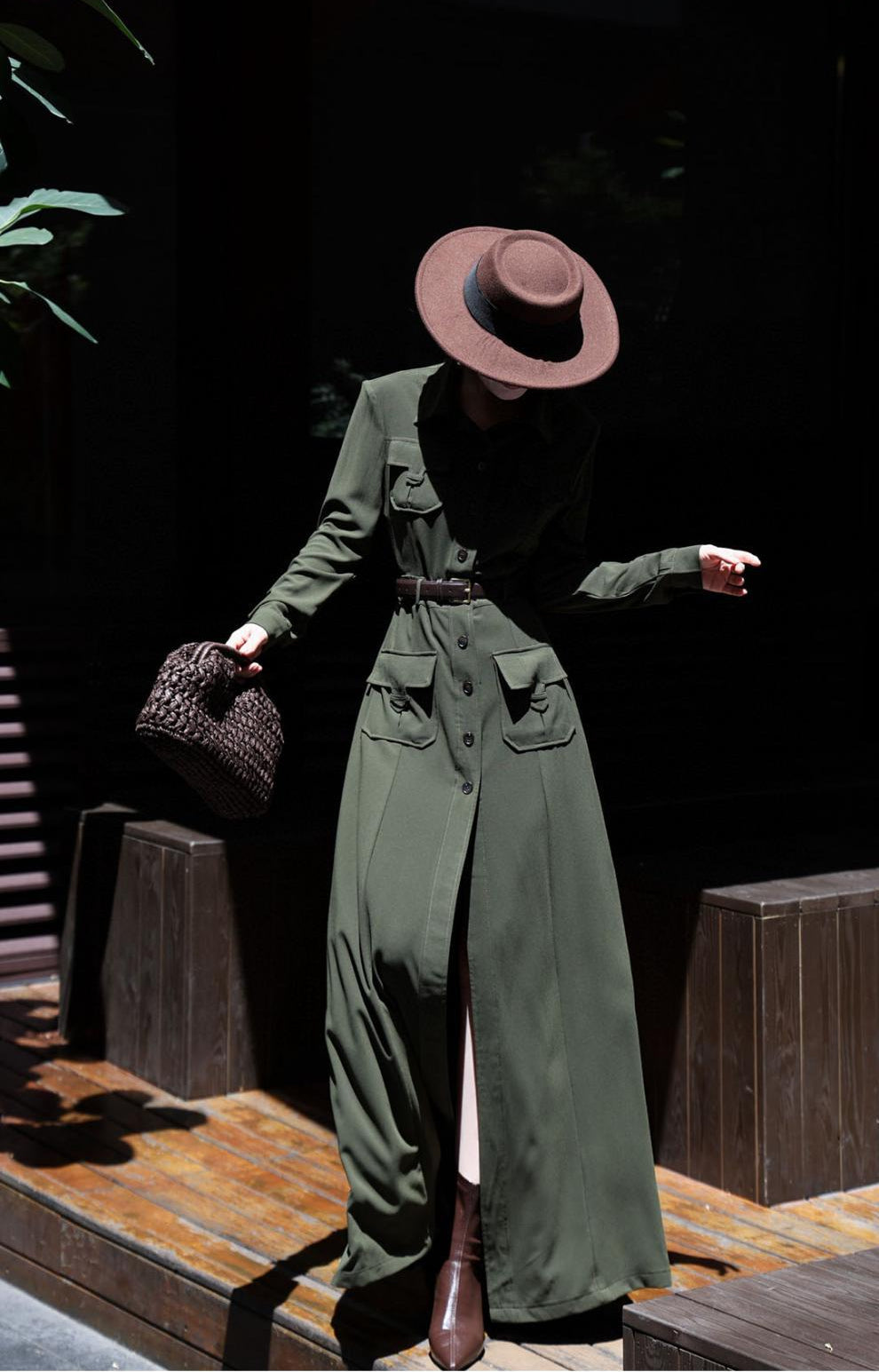 button-down military maxi dress with belted waist – NOIRE