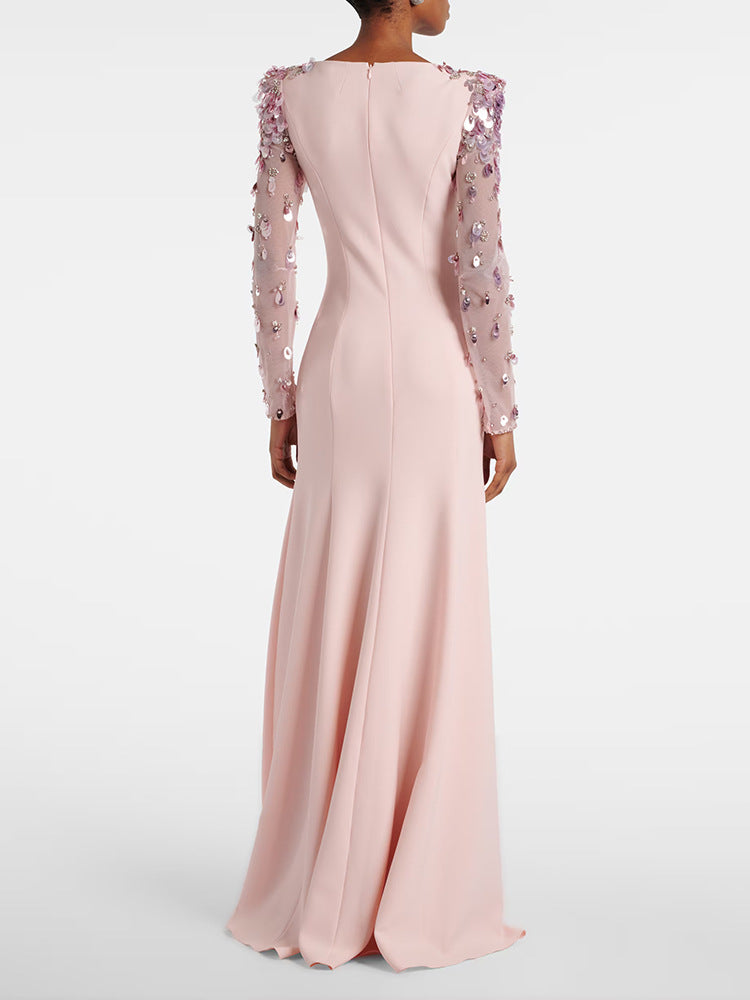 long column dress with embellished sheer sleeves - AUROXIA