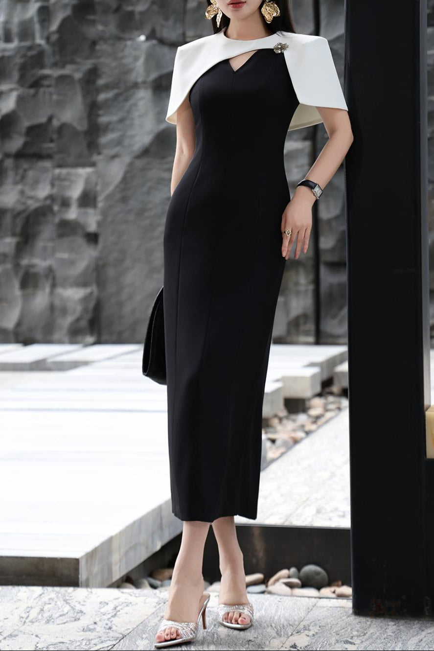 column dress with contrast cape overlay – NOIRÉ