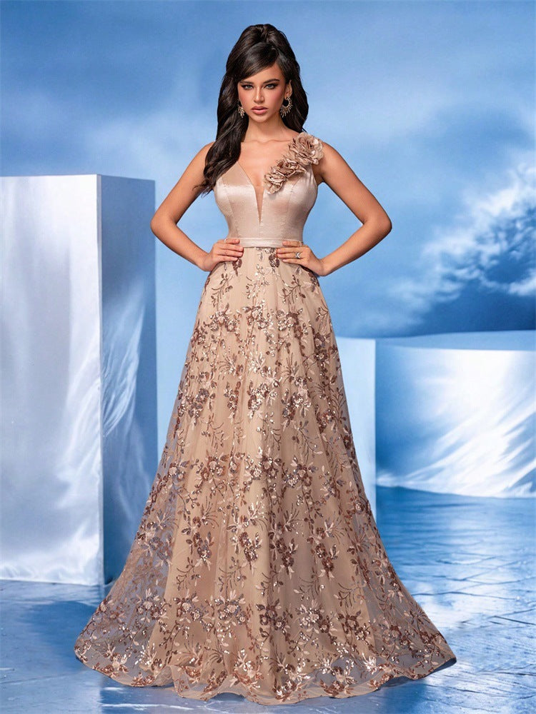 floral embroidered gown with 3D shoulder flower – ARABELLA