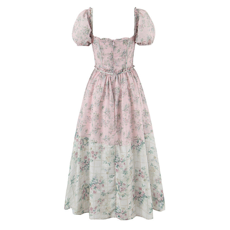puff-sleeve corset dress with layered floral skirt – AKIALZU