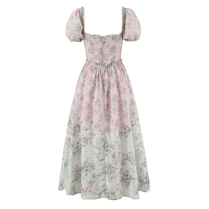 puff-sleeve corset dress with layered floral skirt – AKIALZU