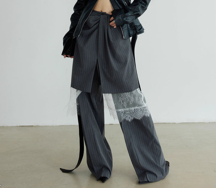 Layered pinstripe wide-leg trousers with lace detail – VELVET