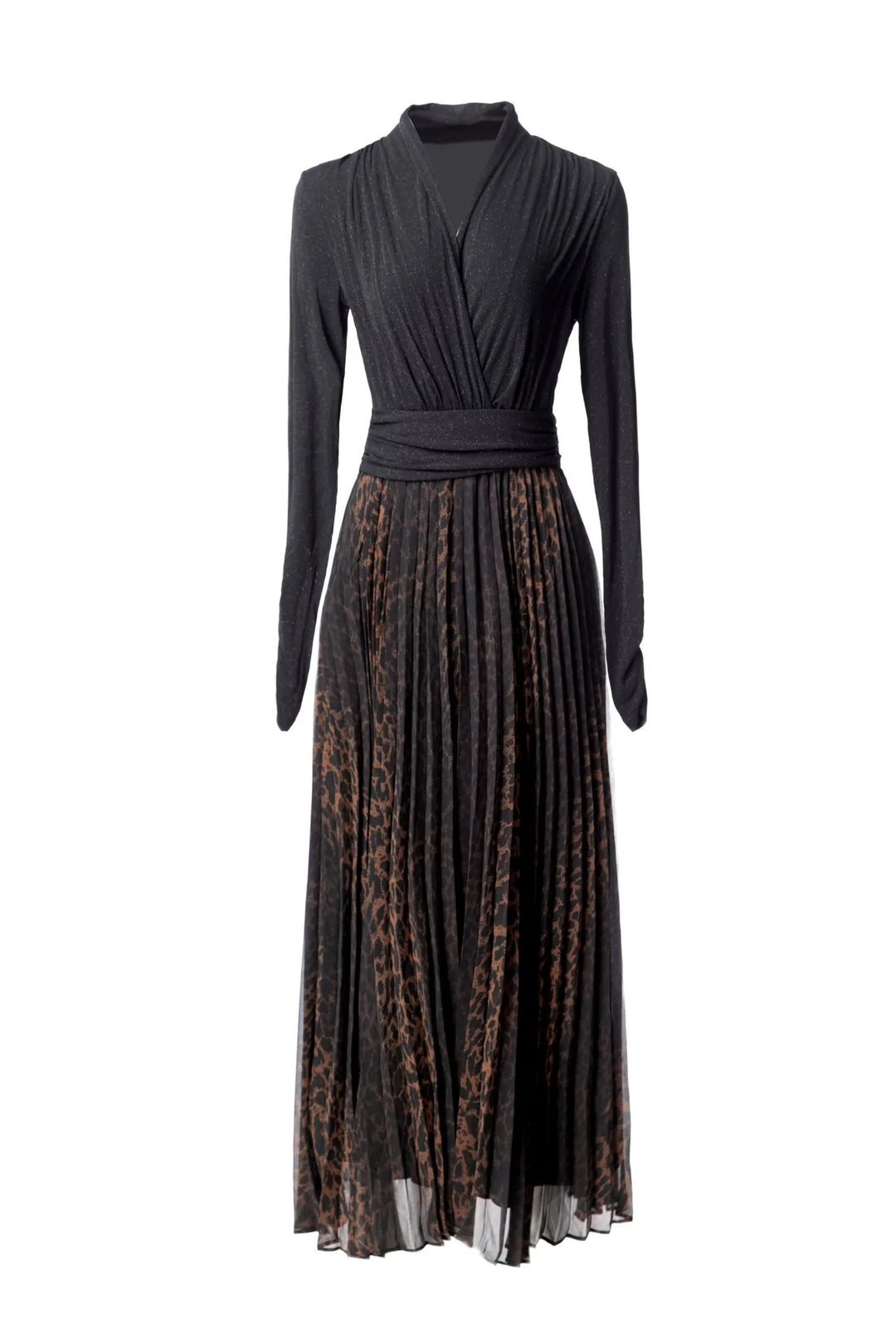 wrap-style knit top with printed pleated midi skirt – MOCHA