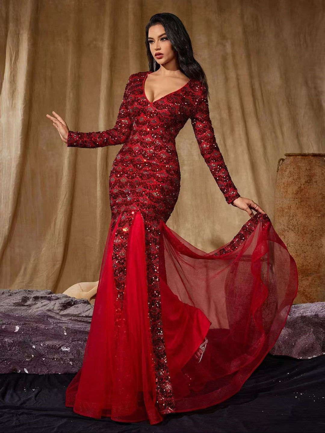 Geplooide top met uitlopende mouwen en maxi-rok set met tailleband – Rosiny 