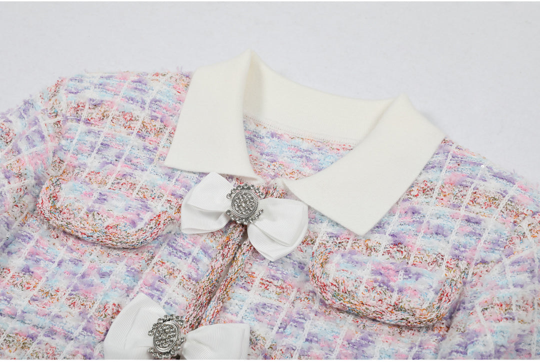 long-sleeve tweed mini dress with bow detailing – COLETTEXU