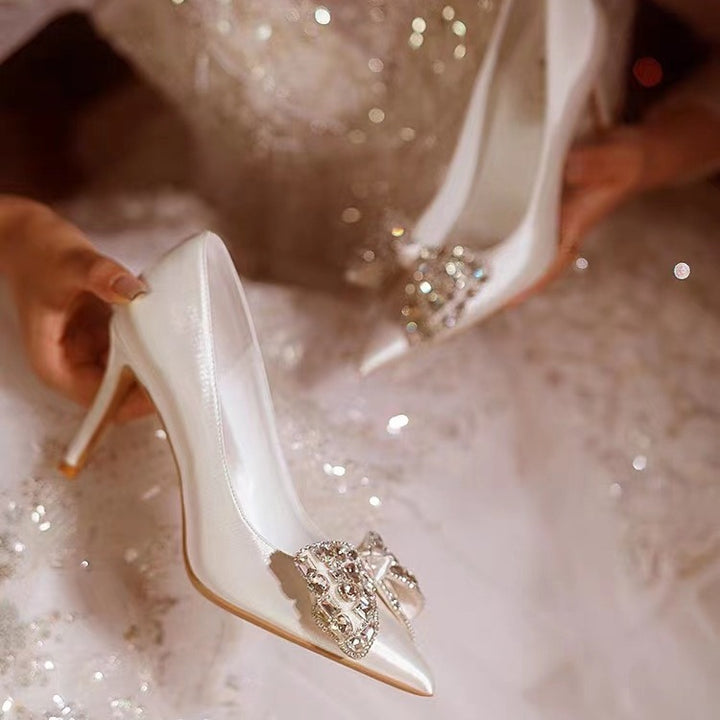 satin pointed-toe heels with crystal bow embellishment – AURELIVIA