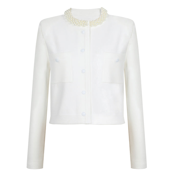 cropped cardigan jacket with pearl-embellished collar - ELLAZ