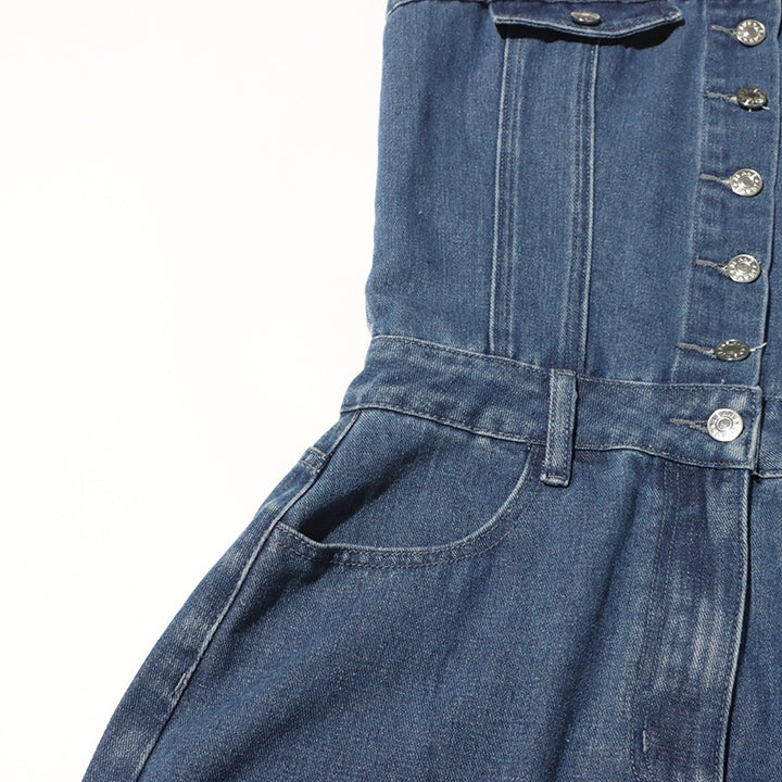 فستان ماكسي جينز بدون حمالات مع جيوب واسعة – رايلي