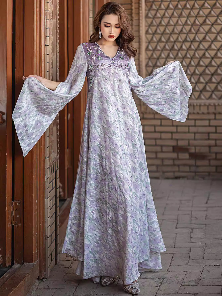 Embroidered Flowing Maxi Dress with Wide Sleeves – LILAC