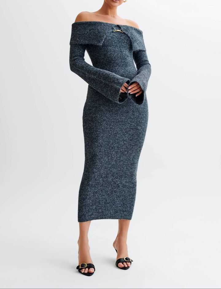 off-shoulder knit bodycon dress with front clasp – MAELLE