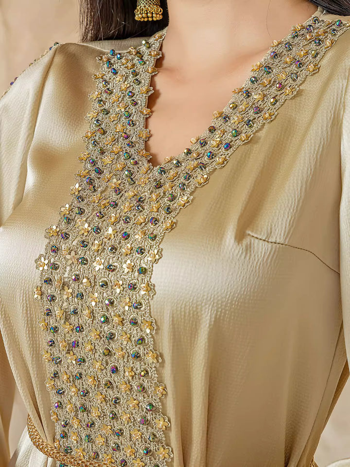 op maat gemaakte flare-pak met satijnen pofmouwen – VALENCIA 