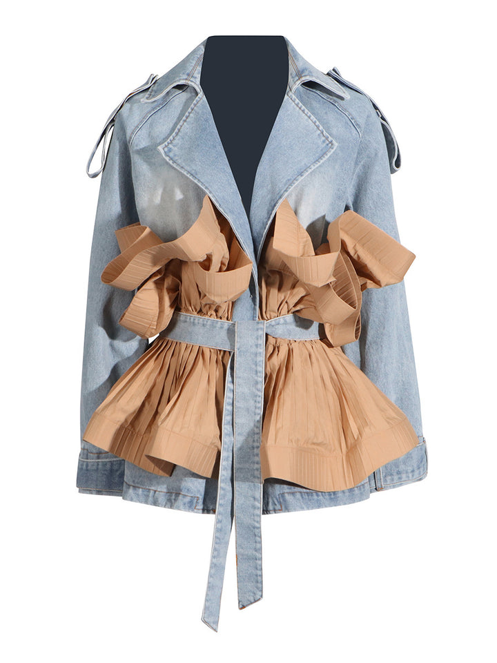 denim jacket with pleated contrast ruffles – ADELENKE