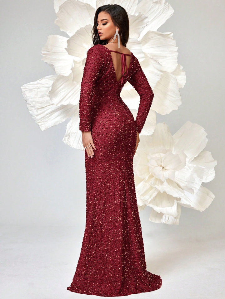 sequined cutout gown with floral waist detail – AMONRA