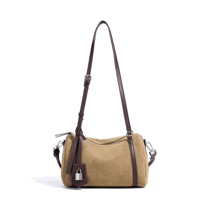 suede shoulder bag with leather trim and lock charm – ALBALI
