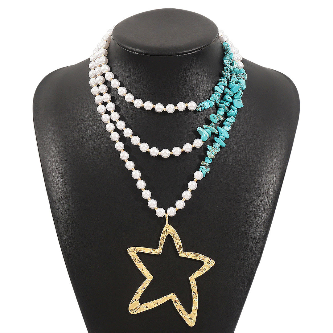 multilayer pearl necklace with turquoise stones and starfish pendant – CORALIAX