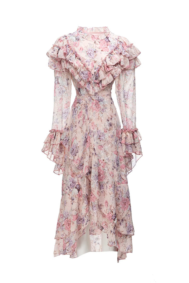 فستان شيفون مزين بكشكشة زهرية مع حاشية متعددة الطبقات – روزالي